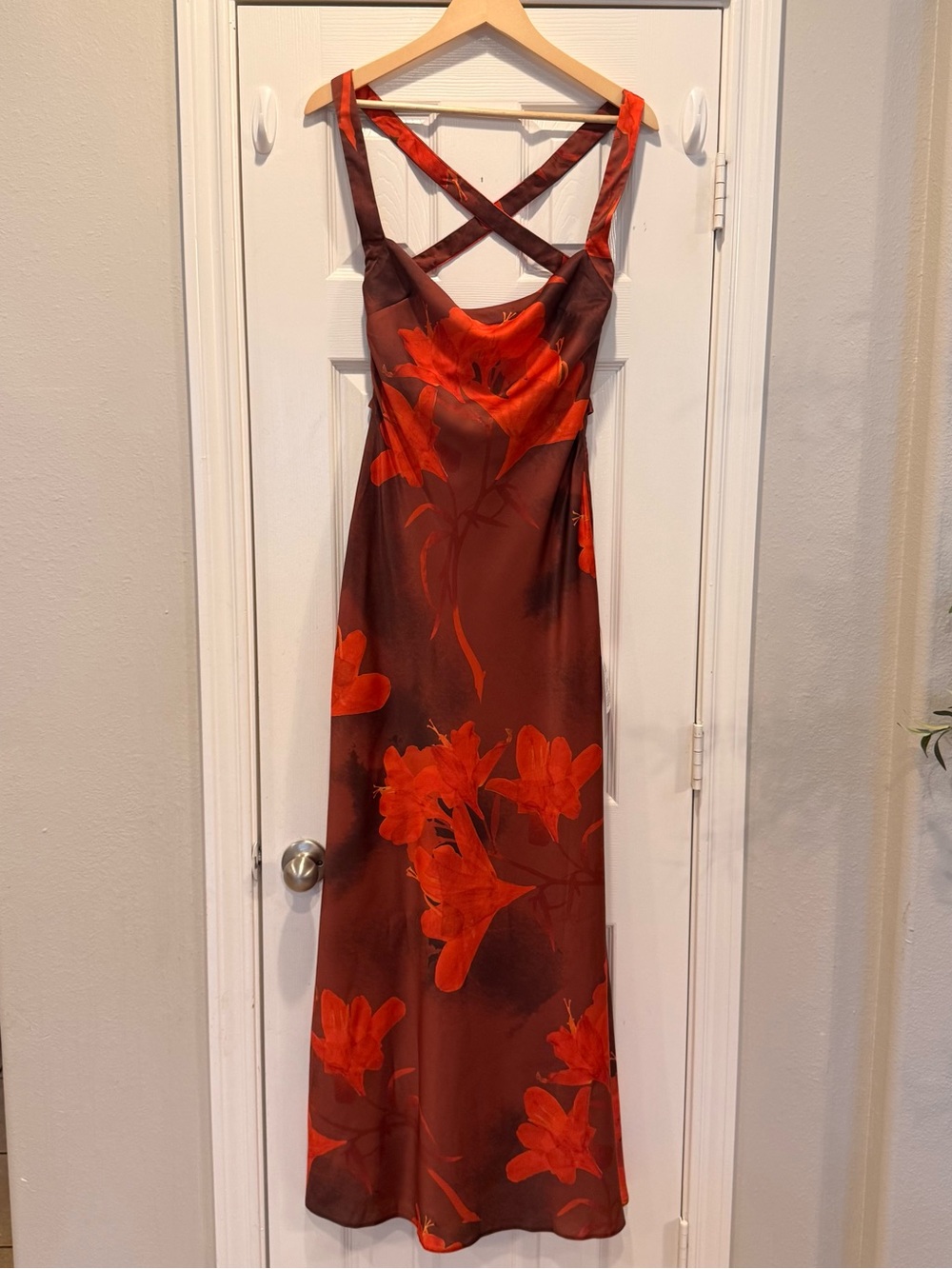 NWT ASOS Satin Slip Square Neck Cross Back Strap Maxi Dress Side Slit Floral 6 - Picture 3 of 14